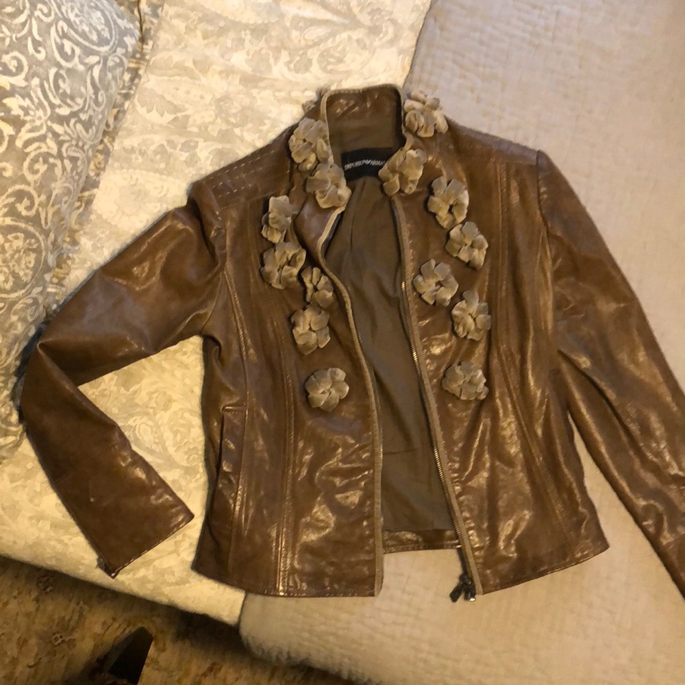 Emporio Armani zip up soft brown goat leather jacket with velvet decor & pockets